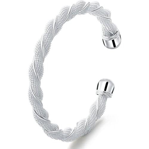 925 Silver Sterling For Women Man Mesh Wide Braided Bracelet Bangle Chain Wristband Jewelry