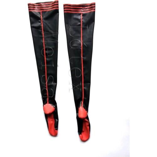 Black tight latex stockings decorative with red & black trims on top for women