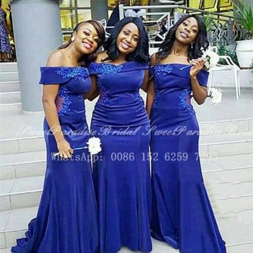 Exquisite Appliques Mermaid Bridesmaid Dresses 2021 Long Royal Blue African Women Off Shoulder Wedding Party Dress Gown Vestidos