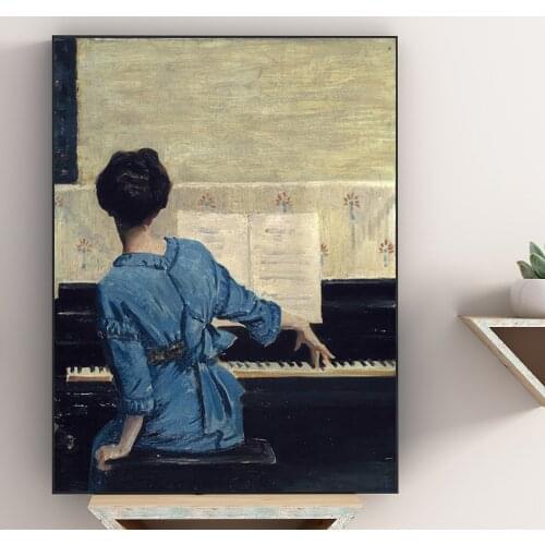 Elegant Lady Playing Piano Figure Painting Fashion Retro Style Wall Art Canvas on the Wall Pictures for Living Room Home Decor