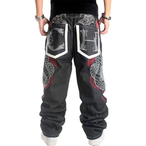 Sokotoo Hip hop jeans streetwear Male plus size loose denim pants Personality snake embroidery straight long trousers for men