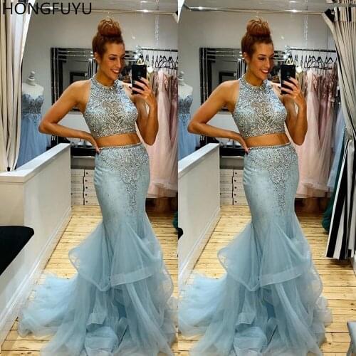 HONGFUYU Luxury Mermaid Prom Pageant Dresses 2 Pieces Beading Tulle vestidos de gala Evening abendkleider Formal Gowns for Party
