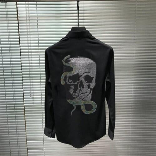 Mixed Elements Skull Hot Drilling Exaggerated Pattern Slim Hip-Hop European Casual Brand Mens Shirt Black White Long Sleeves