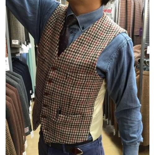 Mens Suit Vest Lapel V Neck Wool Houndstooth Casual Formal Business Vest Waistcoat Groomman For Wedding Green/Black/Brown/Grey