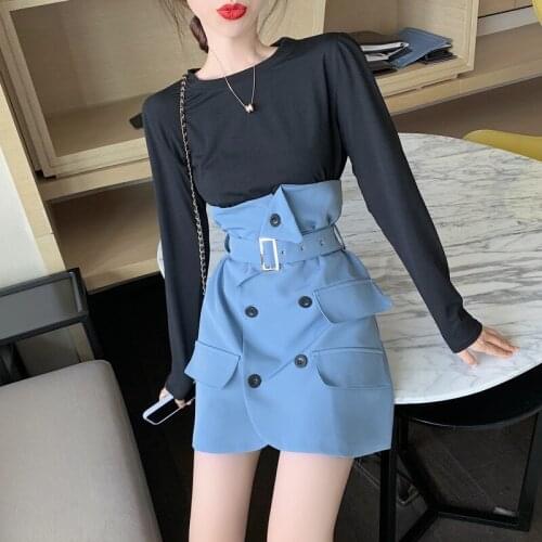 Autumn 2021 New Womens Suits Solid Color Pullover O-Neck T-shirt Blouse + Street Wear Style High Waist Slim Skirt Two Piece Set