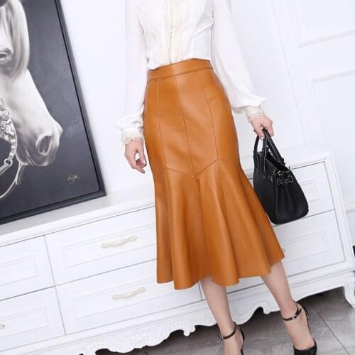 Autumn Women' Winter Leather Skirt Fishtail Design Skinny Hips MIDI Skirt High Waist Sheepskin Leather Midskirt Female Skirt