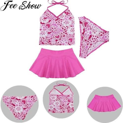 2-14 Years 3pcs Halter Tankini Childrens Swimsuit Girls Swimwear Hot Pink flowers Printed Swimming Bathing Suit Sports Dress