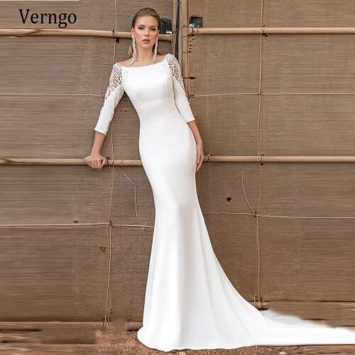 Verngo Mermaid Satin Wedding Dress 2021 Elegant 2/3 Sleeves Bride Gowns Simple Sweep Train Long Wedding Party Dress Custom