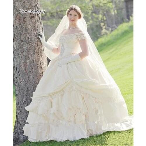 Puffy Cream Taffeta Wedding Dress Victorian Civil War Steampunk Ball Gown Vintage Appliqued Lace Bride Dresses Vestidos