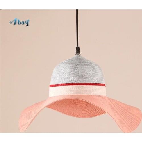 Art Deco Pink Girl Straw Hat Pendant Lights Children Room Decoration Clothing Shop Hanging Lamp Novelty Lighting Fixture Led E27