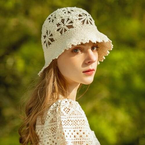X021 Adult Hand-Woven Knitting Hats Female Travel Sunscreen Sunbonnet Caps Fashion All-match Hollow Fisherman Caps Adjustable