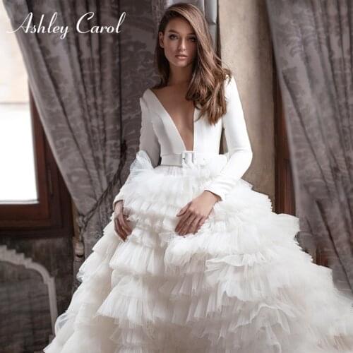 Ashley Carol Satin Long Sleeve Wedding Dress 2021 Sexy V-Neckline Button Ruffles Cathedral A-Line Bride Gown Vestido De Noiva