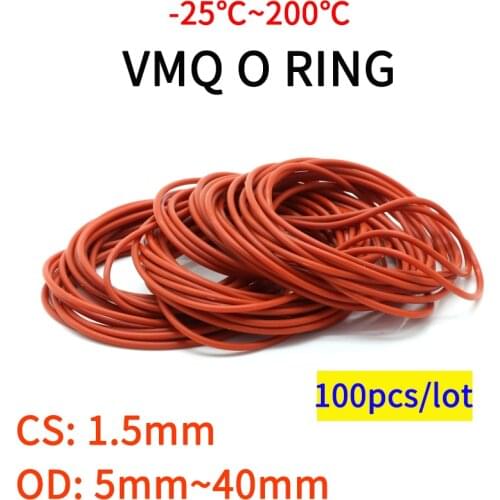 100pcs VMQ O Ring Seal Gasket Thickness CS 1.5mm OD 5 ~ 40mm Silicone Rubber Insulated Waterproof Washer Round Shape Nontoxi Red