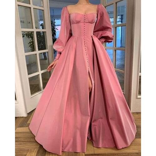 Vintage Long Sleeve A-Line Taffeta Evening Dresses with Slit Floor Length Zipper Back Pleated Formal Party Dress for Women