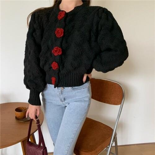 Vintage Plus Size Flower Sweater Jacket Coats Puff Long Sleeve Round Neck High Quality Knitted Fashion Solid Color Outerwear