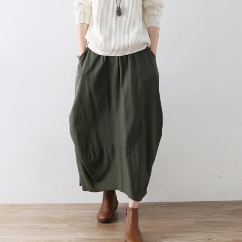 Women Loose Elastic Waist Solid Color Cotton Linen Skirts Ladies Vintage Patchwork Skirt Female Retro Skirts