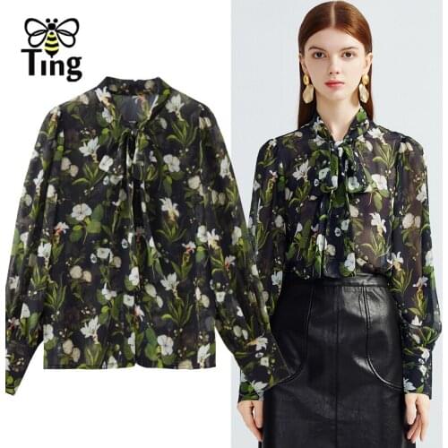 Tingfly Designer Fashion Floral Print Art Bowknot Collar Women Elegant Chiffon Blouses Female Shirts for Summer Autumn Blusas Za