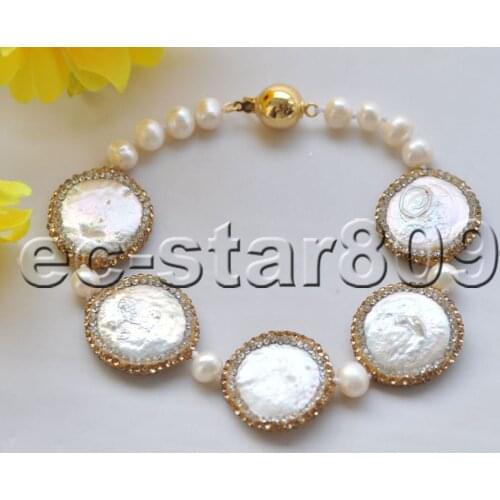 P7258 Handmade Golden CZ Inlay 8" 22mm White Coin Freshwater Pearl Bracelet Women
