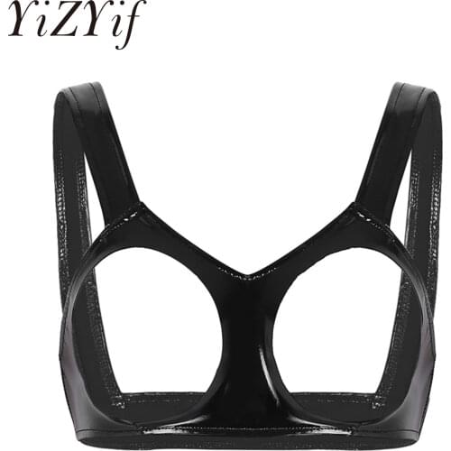 YiZYiF Womens Sexy Open Cups Bra Erotic Lingerie Wetlook Faux Leather Fetish bra cut erotic breasts Underwear open bra Crop Top