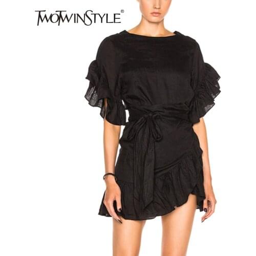 TWOTWINSTYLE Ruffles Dress For Women Petal Sleeve High Waist Lace up Irregular Mini Dresses Female Fashion Korean Clothing 2020