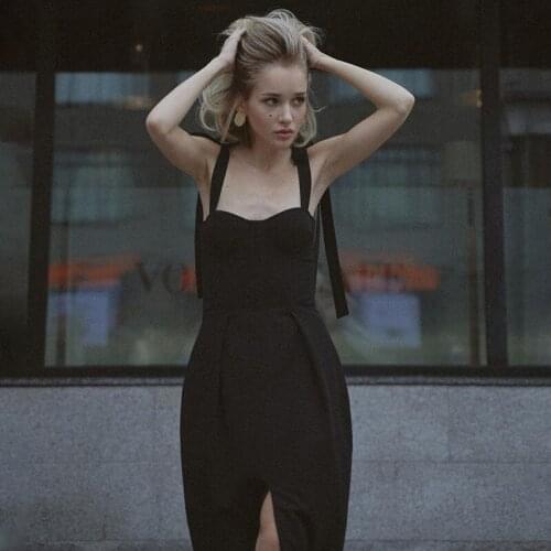 Women Casual Sexy Suspender Dress, Solid Color Boat Neck Sleeveless Split Black/ Wine Red/ White