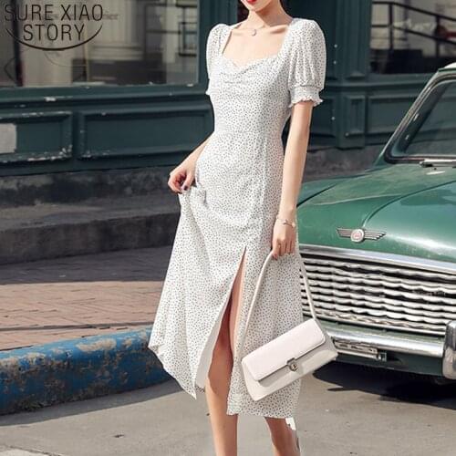 French Holiday Style White Polka Dot Dress Summer 2021 New High Waist Split Midi Long Dress Fashion Square Collar Dresses 13278