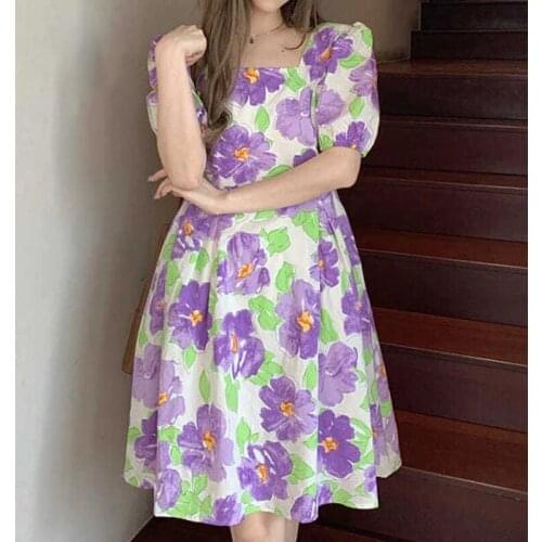Hstar Square Collar Designer Floral Summer Dresses Casual Long Summer Dress Women French Vinatge Puff Sleeve Chiffon Dress