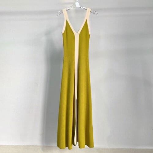 2021 New Deep V Womens Knit Sling Dress Contrast Color Ladies Sexy Sleeveless Retro Split Robe Spring Autumn