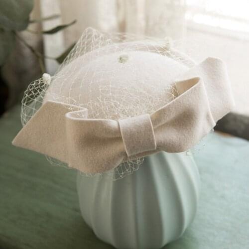 White Green Pure Wool Berets Women Classic Face Veil Mesh Fedora Headwear Ladies Church Wedding Royal Banquet Cocktail Bow Hat