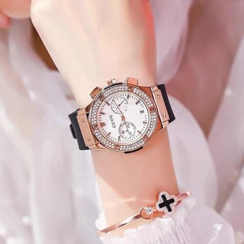 2021 Fashion Women Watches Lady Big Dial Rose Gold Wristwatches Waterproof Rubber Strap Rhinestone Bling Clocks Gifts for Women