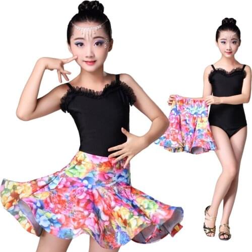 Children Latin Dress Girls Sling Print Pattern Dance Skirt Competition Practice Performance Clothing Girl Latin Dress Kids Skirt