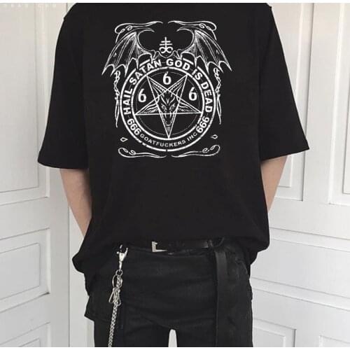 HAHAYULE-JBH Hail Satan God Is Dead Printed T Shirt Satan Dark Style Gothic Tees Man Women Short Sleeve Street Outfits