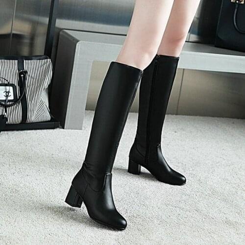 JETT DRAGON Fashion Zipper Knee High Boots Women Soft Pu Leather Thick High Heels Long Boots Autumn Winter Woman Shoes Size 43