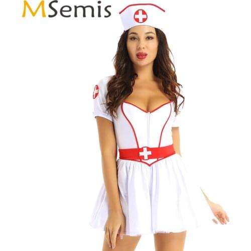 Women Naughty Cosplay Uniform Halloween Fantasias Role Play Costume Clubwear Sexy Red Cross Logo Mini Slutty Dress with Headband