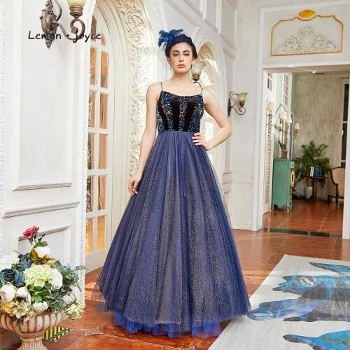 Lemon joyce Dark Blue Evening Dresses Long 2020 Strapless Shiny A-line Chic Prom Party Gowns Plus Size