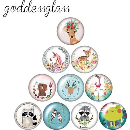 Lovely unicorn Elk Bear Raccoon 10pcs mixed 12mm/18mm/20mm/25mm Round photo glass cabochon demo flat back Making findings ZB1104