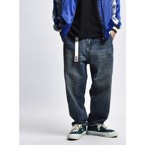 Washed Distressed Jeans Men Splash Ink Dark Blue Denim Pants Mens Streetwear Casual Baggy Trousers