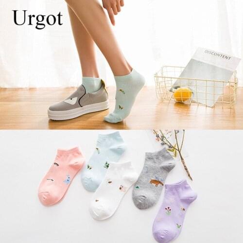 Urgot 5 Pairs Women Ankle Socks Summer Breathable Cotton Low Tube Sock Cartoon Plant Pattern Cute Female Ladies Calcetines Meias