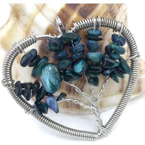 New trendy wire winding tree life heart pendant 50mm green shell irregular gravel beads handmade silver-color jewelry B3059