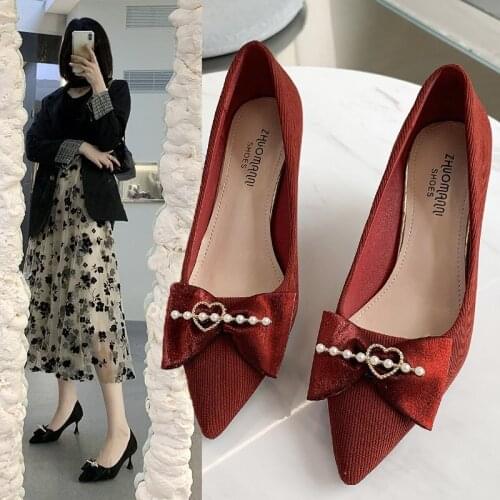New Style Women Pumps Jacquard Fabric High Heels Dress Shoes Heart Crystal Pointed Toe Bow Boat Shoes Black Thin Heeled 8885G