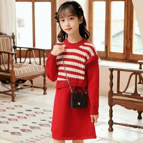 Autumn Winter Knitted Dress For Girls Fashion Striped Soft Cotton Knee Length Gowns Children Teens Daily Casual Dresses Clothes