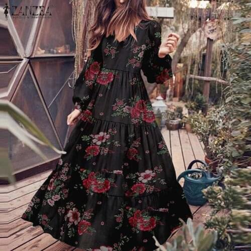 Fashion Puff Sleeve Robe Femme Womens Autumn Long Dress ZANZEA V Neck Ruffle Dress Vintage Floral Printed Vestidos