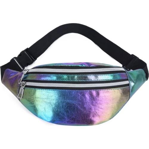 Geestock Waist Pack Holographic Laser Women Fanny Pack PU Traverl Banana Hip Bum Waist Bags Women Party Belt Bag Phone Pouch