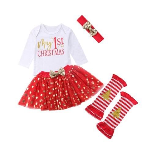 5Pcs Christmas Newborn Baby Girls Christmas Romper + Dot Dress + Leg Warmes Outfits Clothes