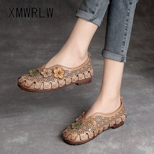 XMWRLW Womens Sandals 2021 Summer Genuine Leather Flat Shoes For Women Handmade Sandals Retro Style Ladies Summer Shoes Sandal