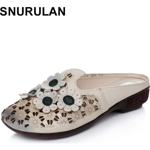 SNURULANWomen Genuine Leather Slippers Flowers Women Mules Summer Fashion Low Heels Shoes Woman Round Toe Outdoor Female Slipper