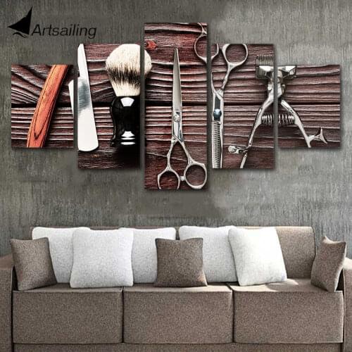 Modern Wall Art Pictures Home Decor barber poster 5 Panels hair dressing hair salon posters HD Printed Painting Frame