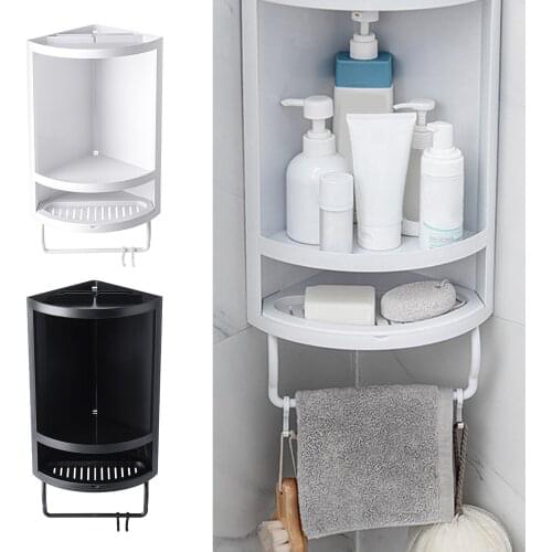 Bathroom Corner Shelves Double Layer Storage Organizer Towel Shelf Rack with 2 Removable Hooks for Bathroom Kitchen Nail-free
