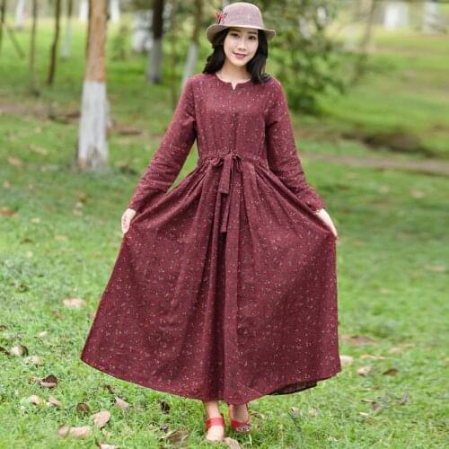 Spring Womens 2020 Cotton Linen Dress Loose Large Size Round Neck Printed Long Sleeve Lace-Up Dress Mujer Vestidos Female E371