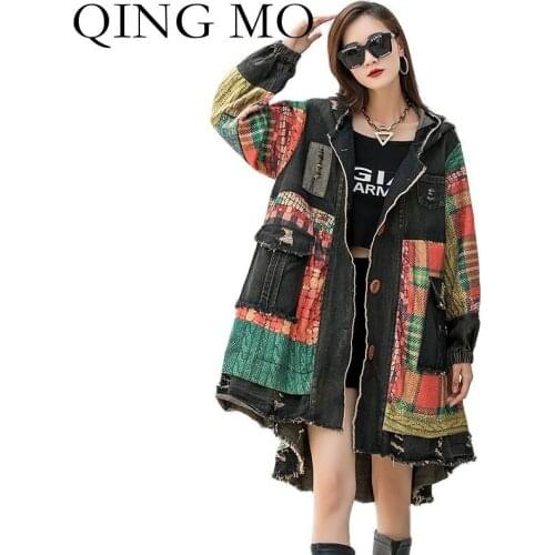 QING MO Autumn Fashion Plaid Stitching Denim Windbreaker Coat Women 2021 New Loose Hooded Irregular Cardigan Windbreaker ZWL855